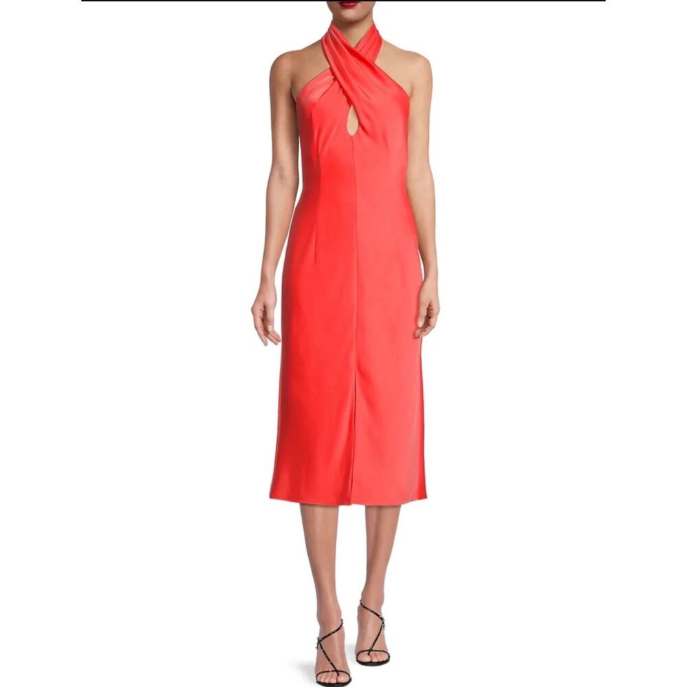 Aidan Mattox NEW Cross Front Coral Halter Midi Dress Cocktail Formal Size 6